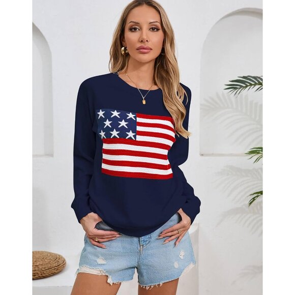 Women's American Flag Sweater Lightweight Long Sleeve Crew Neck Pullover - Picture 8 of 8
